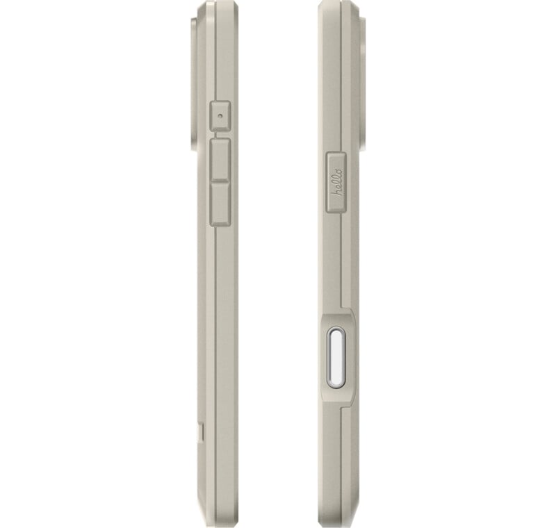 Side-by-side view of a beige smartphone from the left and right sides, showing buttons and ports along the edges.