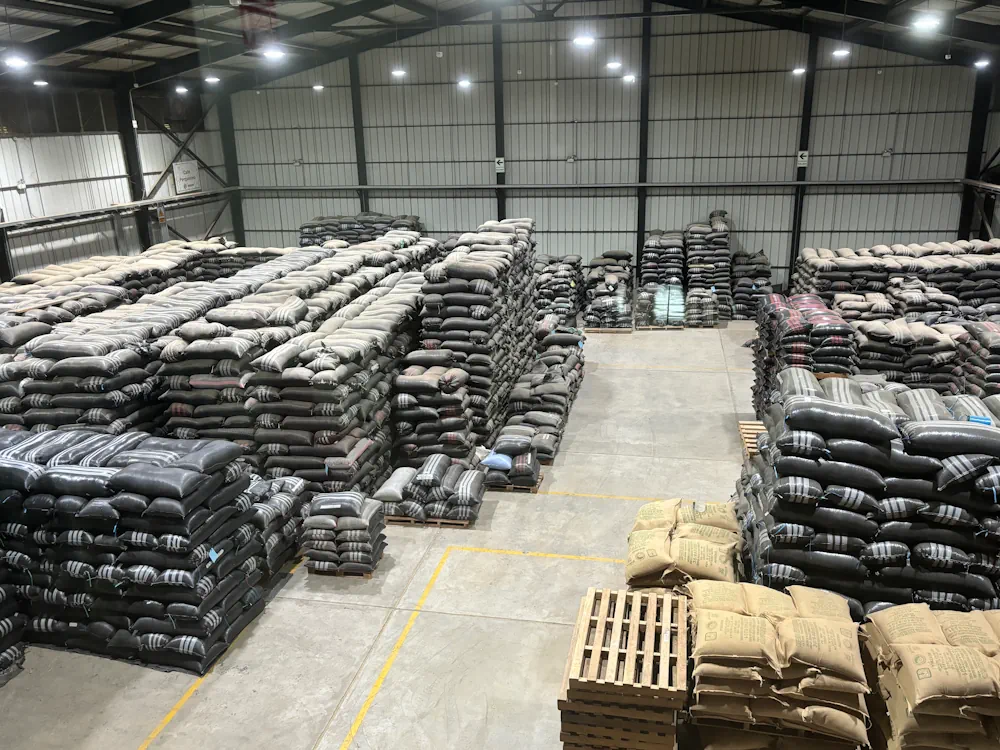 Bags of coffee in a warehouse in Selva Norte, Peru.