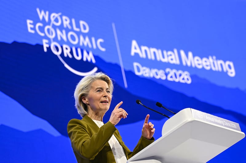 European Commission President Ursula von der Leyen delivers a speech during the World Economic Forum annual meeting in Davos on Tuesday. Photograph: Fabrice Coffrini/AFP via Getty Images