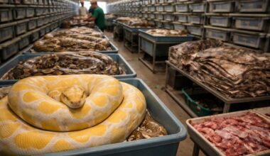 Millions of pythons are raised on farms with total control, and their fate involves meat and leather, used in bags and belts.
