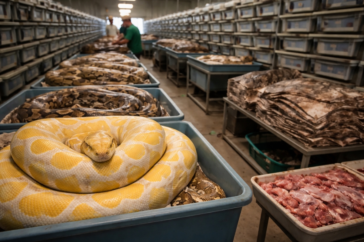 Millions of pythons are raised on farms with total control, and their fate involves meat and leather, used in bags and belts.