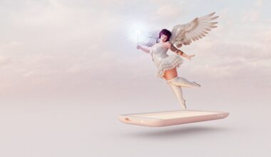 Overweight fairy with tattoos holding glowing wand to grant wish emerges from smart phone screen