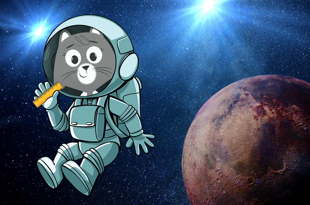 A composite featuring a cartoon illustration of Dr. Universe in a spacesuit holding a ruler, floating past a large planet.
