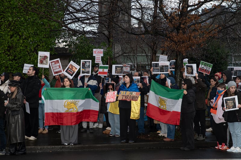 Demonstrators gathered outside the Iranian Embassy in Blackrock, Dublin, calling for the expulsion of Iranian diplomats. Photograph: Natalia Campos 