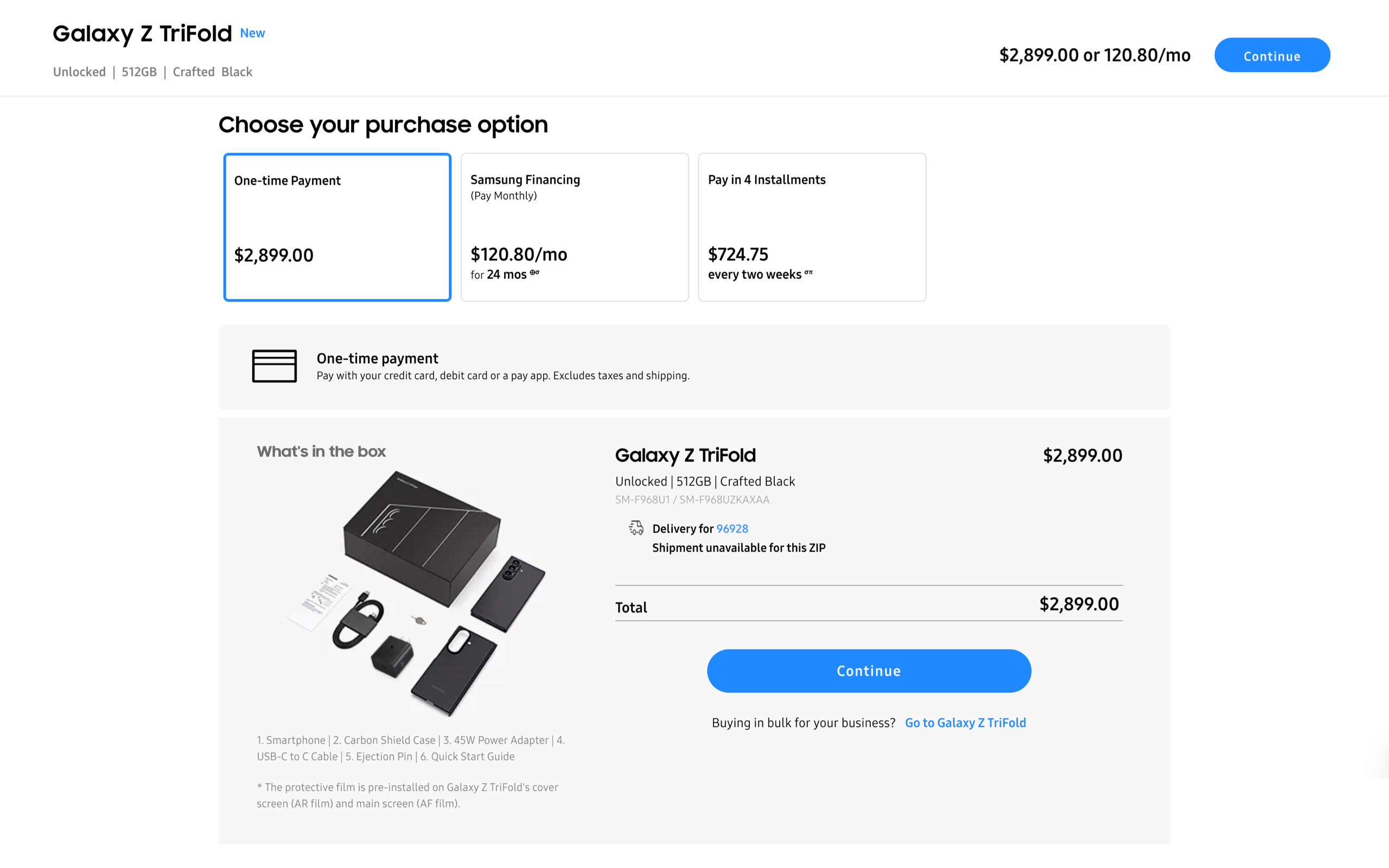 Purchase page for the Galaxy Z TriFold