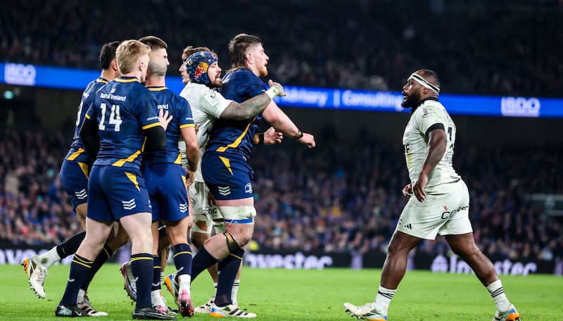 Investec Champions Cup Round 3, Aviva Stadium, Dublin 10/1/2026Leinster vs La RochelleTempers flare between Joe McCarthy of Leinster and La Rochelle’s Levani BotiaMandatory Credit ©INPHO/Nick Elliott