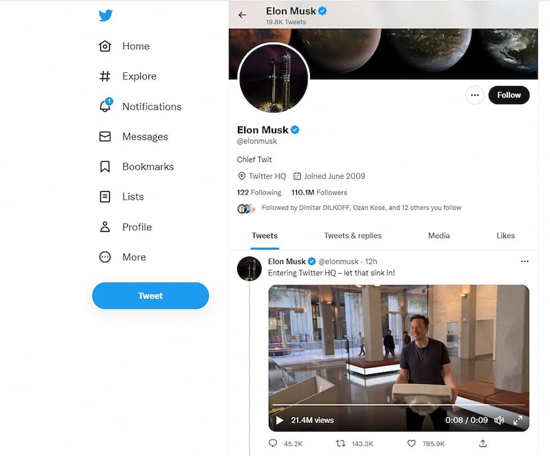 Screen grab of the Twitter account of billionaire Tesla chief Elon Musk on October 27th, 2022. Photograph: AFP/Twitter/Getty