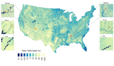 A map of the contiguous United States shows the depth of the water table in different areas.