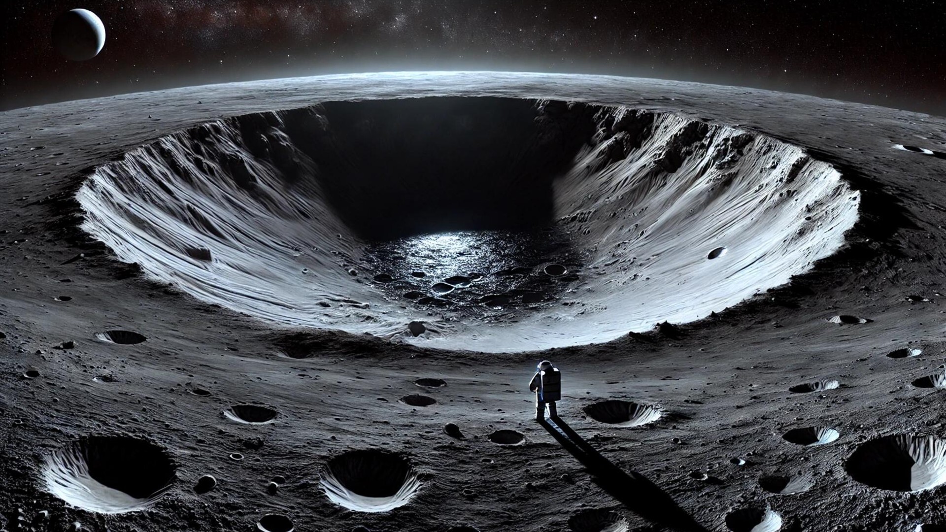 An illustration of an astronaut wearing white standing on the edge of a giant crater on the moon
