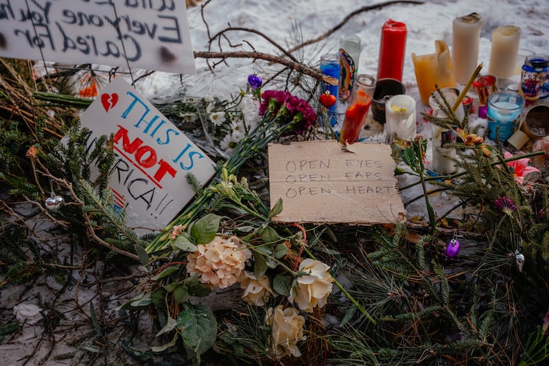 A makeshift memorial a the site in Minneapolis where Alex Pretti was shot and killed by federal immigration agents. Photograph: Jamie Kelter Davis/The New York Times
                      