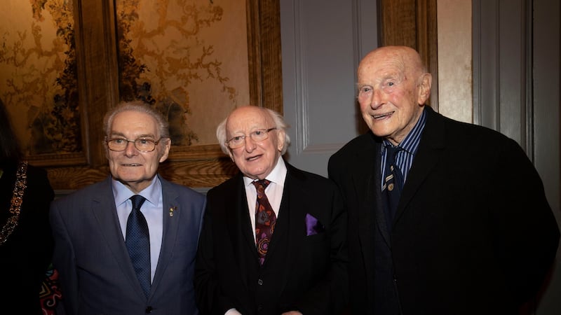Former Irish president Michael D Higgins with Holocaust survivors Tomi Reichental and Joe Veselsky. Photograph: Tom Honan/The Irish Times