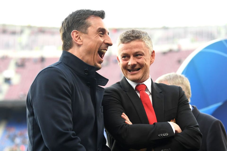 Ole Gunnar Solskjaer (r) and Gary Neville. (Photo by Michael Regan/Getty Images)