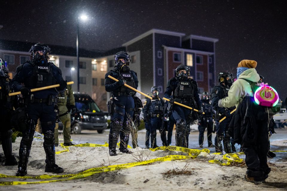 Police preparing to disperse a "Goodbye Bovino Noise Demo" demonstration at the Spring Hill Suites in Maple Grove, Minnesota. Photo: Getty