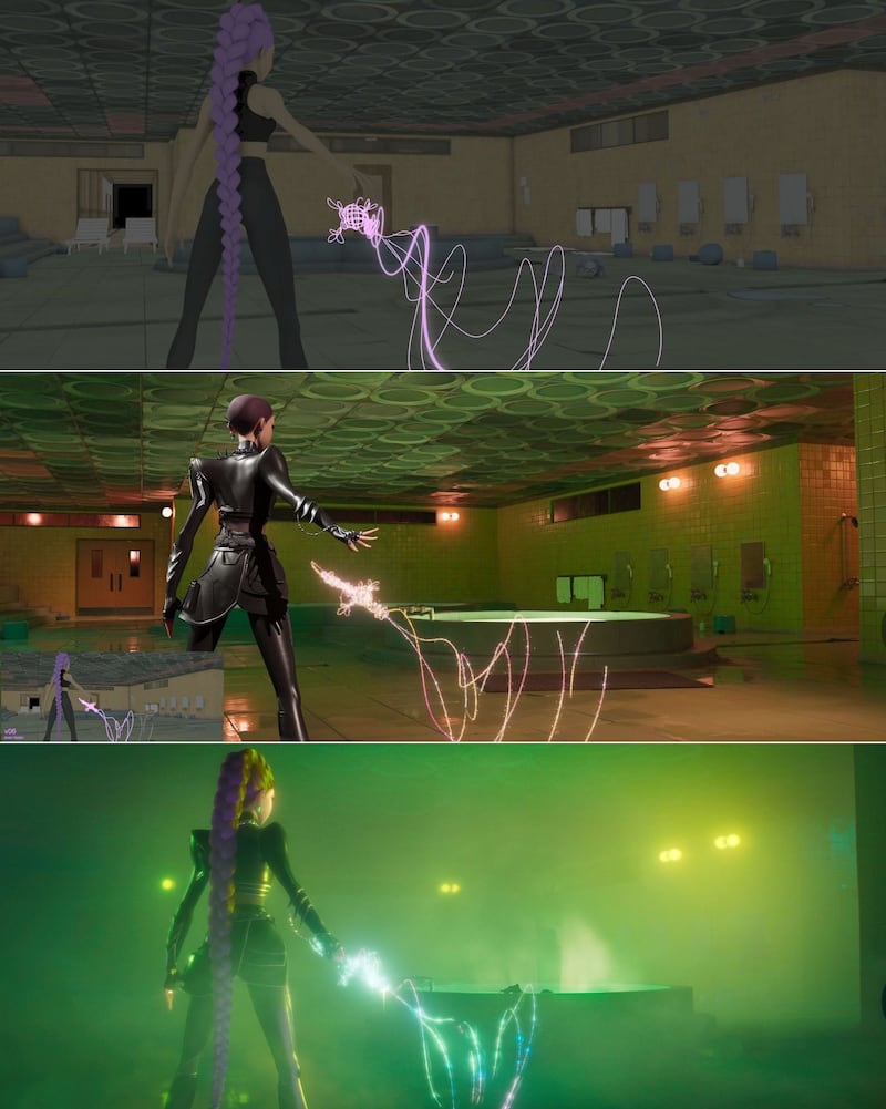 K-Pop Demon Hunters: a shot goes through test phases (top and middle) before reaching its final version (above). Photographs: Sony Pictures Imageworks