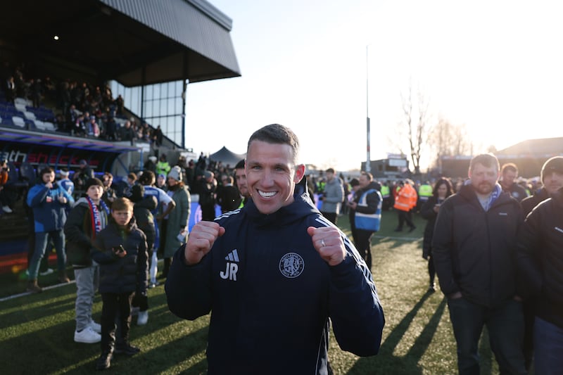 Macclesfield manager John Rooney celebrates the team's 2-1 victory over FA Cup holders Crystal Palace. Photograph: Michael Regan/Getty