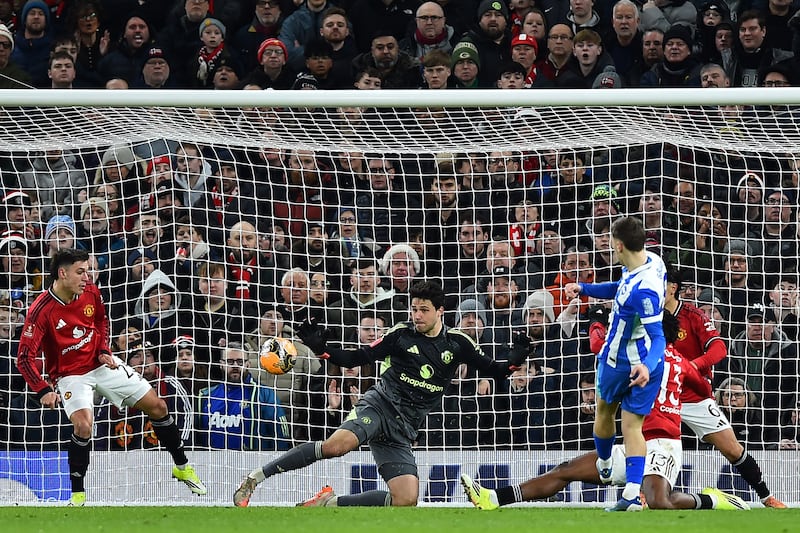 Brajan Gruda scores for Brighton against Manchester United during Sunday's FA Cup third round match at Old Trafford. Photograph: Peter Powell/AFP via Getty Images
