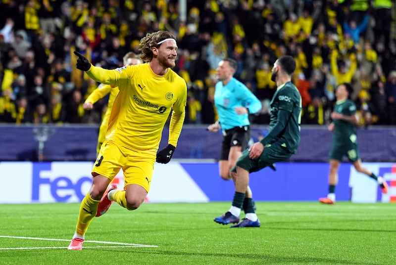 Kasper Hogh celebrates scoring Bodo/Glimt's second goal. Photograph: Martin Ole Wold/Getty Images