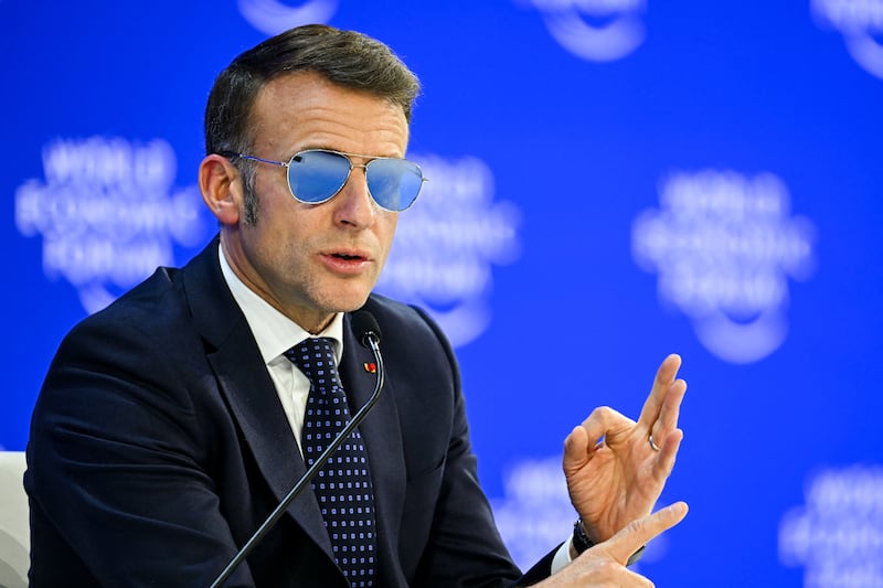 French president Emmanuel Macron speaking at the World Economic Forum in Davos on Tuesday. Photograph: Fabrice Coffrini/AFP via Getty Images