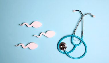 Sperm cells with stethoscope on blue background. Male sexual health.