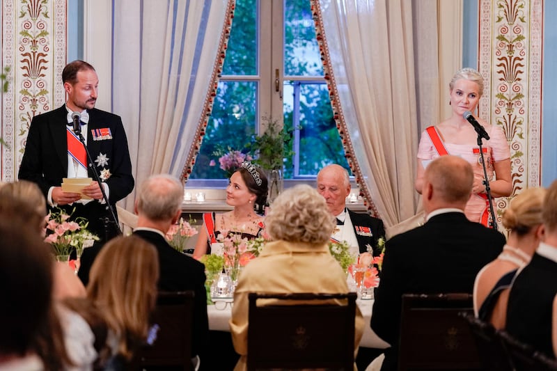 Prince Haakon and Princess Mette-Marit address a gala dinner for their daughter Princess Ingrid Alexandra, centre. Photograph: Håkon Mosvold Larsen/Getty