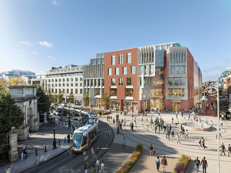 Stephen’s Green Shopping Centre: O'Donnell+Tuomey’s design, in a view incorporating Dublin City Council’s proposed public-realm improvements at the top of Grafton Street. Illustration: Visual Labs