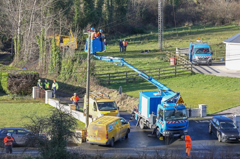 Engineers from French energy company Enedis work as part of an international response team to repair power lines damaged during Storm Éowyn near Carrick-On-Shannon on January 30th last year. Photograph: Paul Faith/AFP/Getty