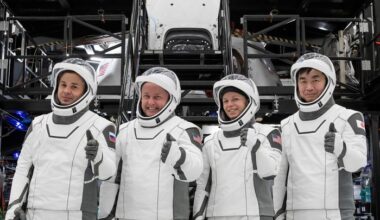 The crew of NASA&rsquo;s SpaceX Crew-11 mission pose for a photo during a training session for their upcoming trip to the International Space Station at SpaceX facilities in Florida. From left: Oleg Platonov, Mike Fincke, Zena Cardman, and Kimiya Yui. Credit: SpaceX