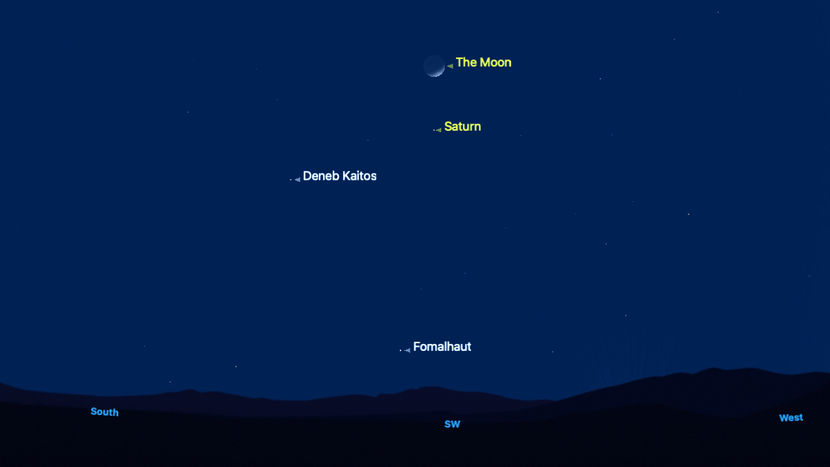 A simulation of the night sky for Jan. 23 showing the crescent moon in a dark blue southwestern sky, with the gas giant Saturn labelled below.