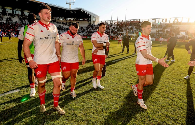 Munster's Fineen Wycherley, Michael Milne, Dan Kelly and Jack Crowley dejected after the defeat in Toulon. Photograph: Billy Stickland/Inpho