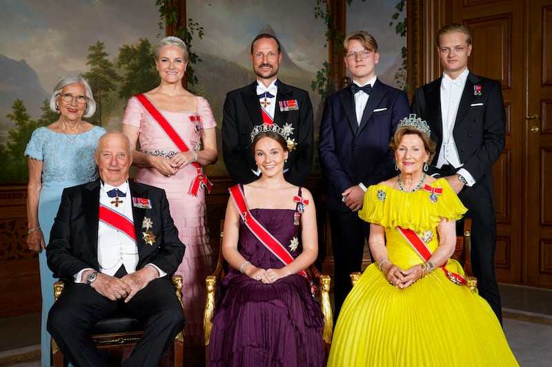 Norway's Princess Ingrid Alexandra, front, poses for a family photo next to King Harald V and Queen Sonja and, back row far right, Marius Borg Hoiby to mark her 18th birthday in 2022. Photograph: Lise Åserud/Getty