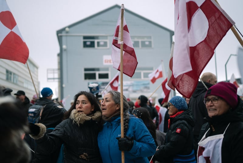 Crowds gather to protest against Donald Trump and his proposal to take over, in Nuuk, Greenland, on Saturday. Photograph: Juliette Pavy/New York Times