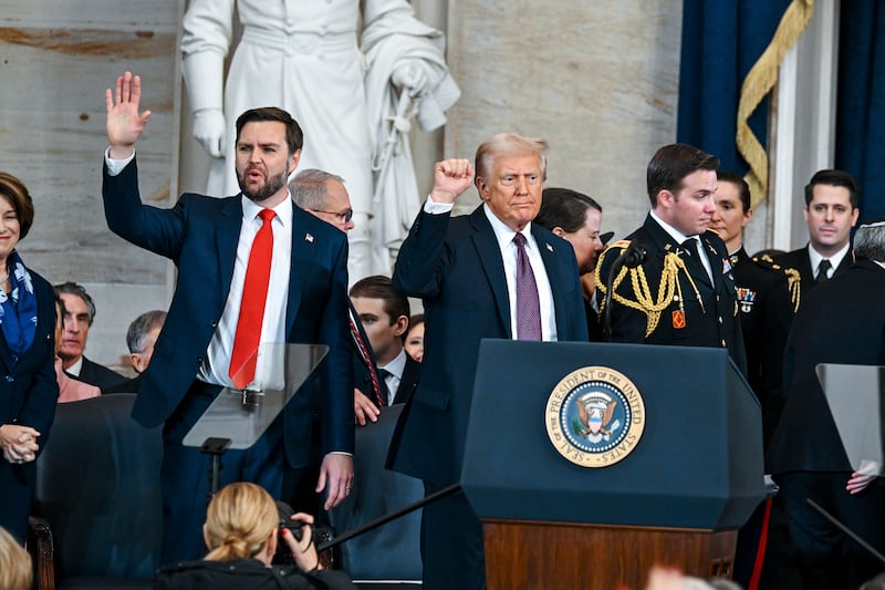 President Donald Trump and vice-president JD Vance after Mr Trump's inauguration ceremony as the 47th president on January. 20th, 2025. Photograph: Kenny Holston/The New York Times
                      