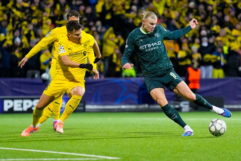Bodo/Glimt's Jostein Gundersen challenges Manchester City's Erling Haaland. Photograph: Fredrik Varfjell/NTB /AFP via Getty Images
