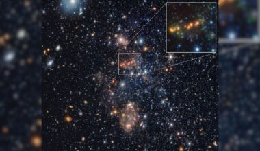 An image of blue and gold and white stars in deep space, with a boxout in the top right corner zooming in on a cluster of golden stars