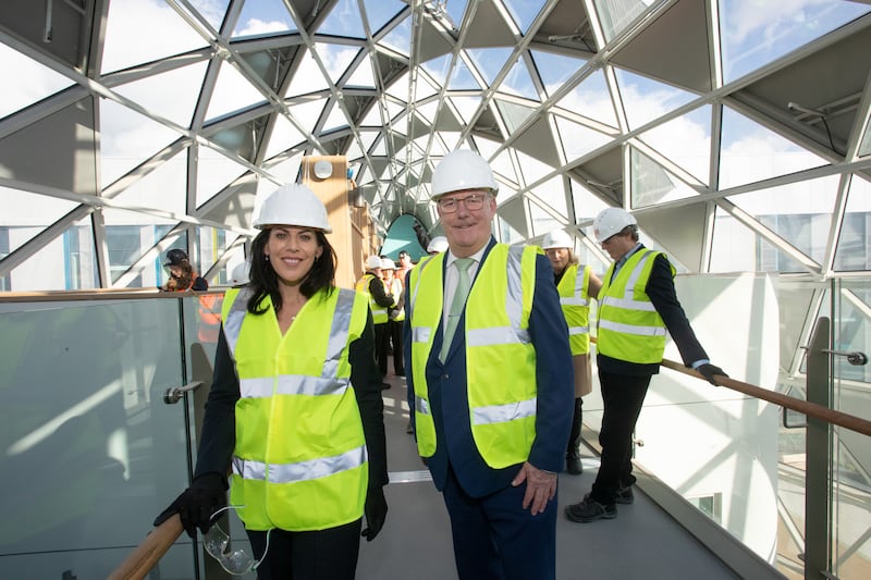 Jennifer Carroll MacNeill and Northern Ireland's  Minister for Health, Mike Nesbitt, on a visit to the new national children's hospital. Photograph: Bryan Brophy