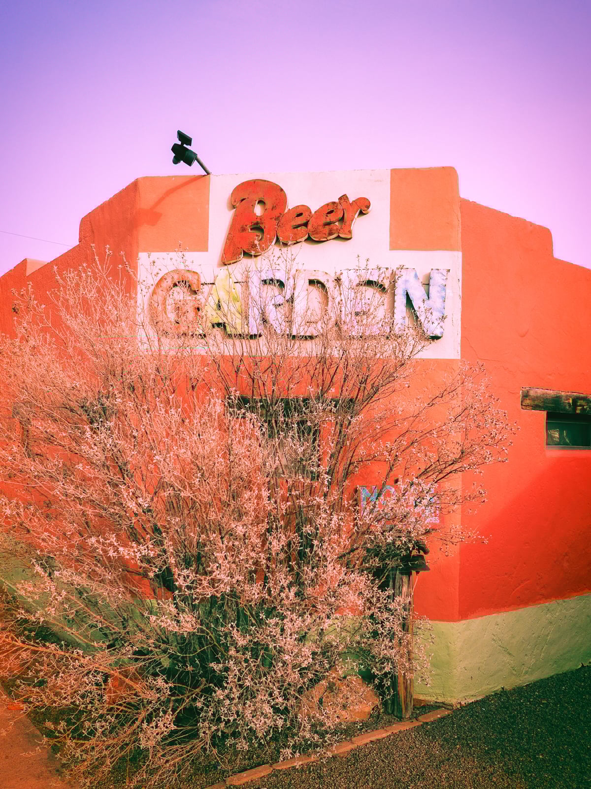 A colorful building with a faded "Beer Garden" sign on the wall, partially obscured by a dry, leafless bush under a purple-tinted sky.