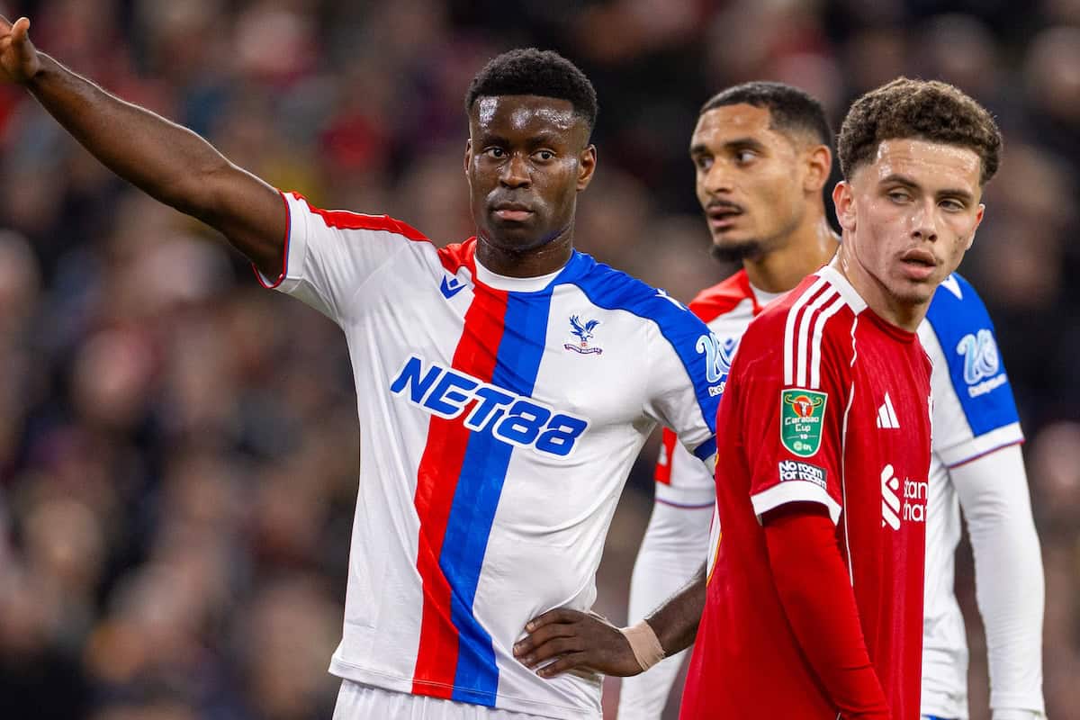 LIVERPOOL, ENGLAND - Wednesday, October 29, 2025: Crystal Palace's captain Marc Guéhi during the Football League Cup 4th Round match between Liverpool FC and Crystal Palace FC at Anfield. (Photo by David Rawcliffe/Propaganda)