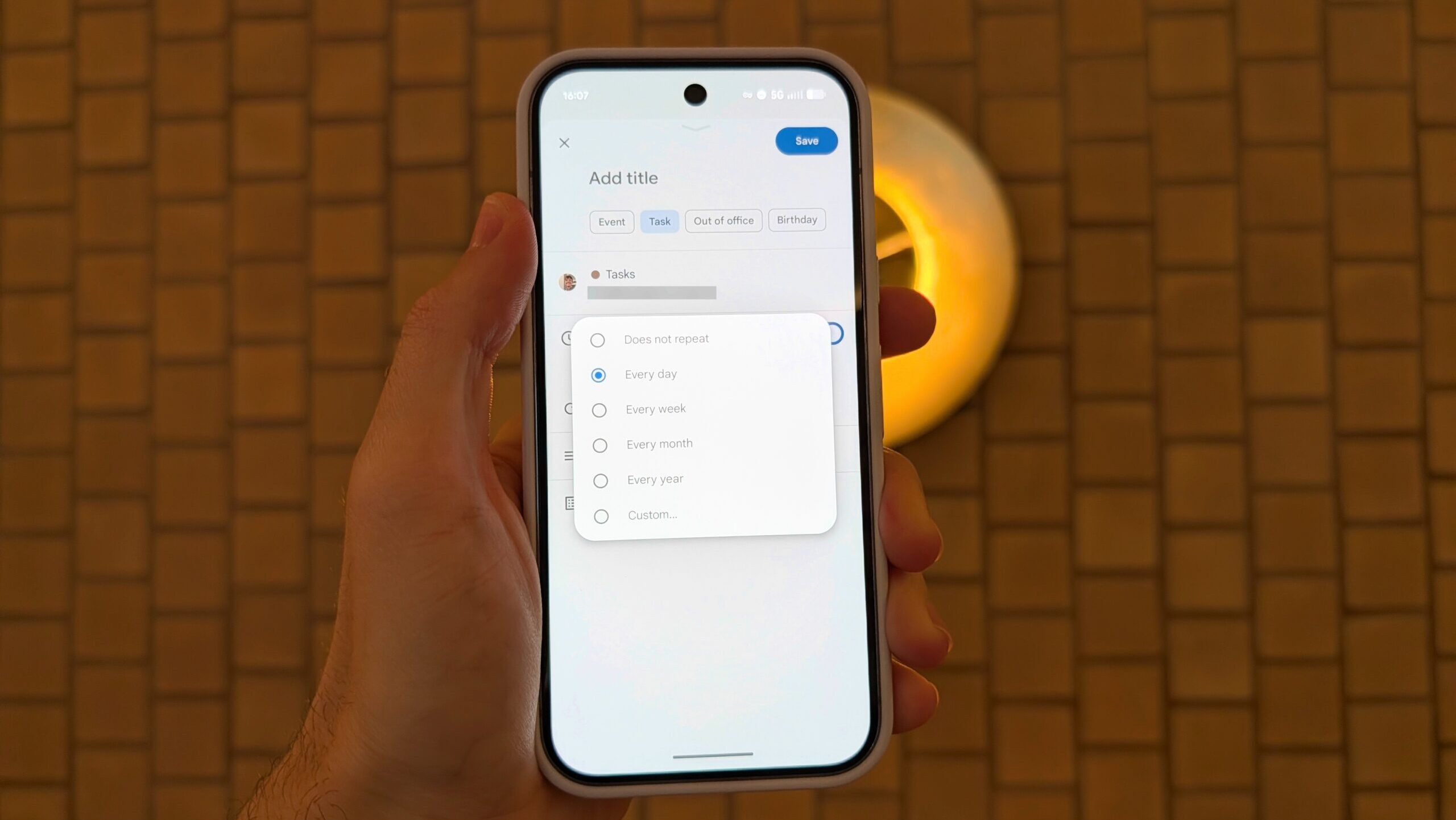 Google Pixel 10 showing Google Calendar's Add New Task screen