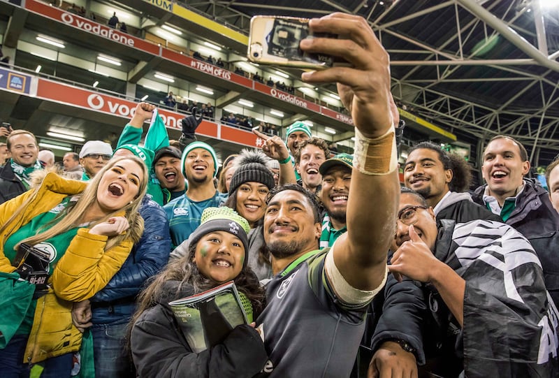 Bundee Aki takes a selfie with his daughter Adrianna and family members after making his Ireland debut against South Africa at the Aviva Stadium in 2017. Photograph: Morgan Treacy/Inpho