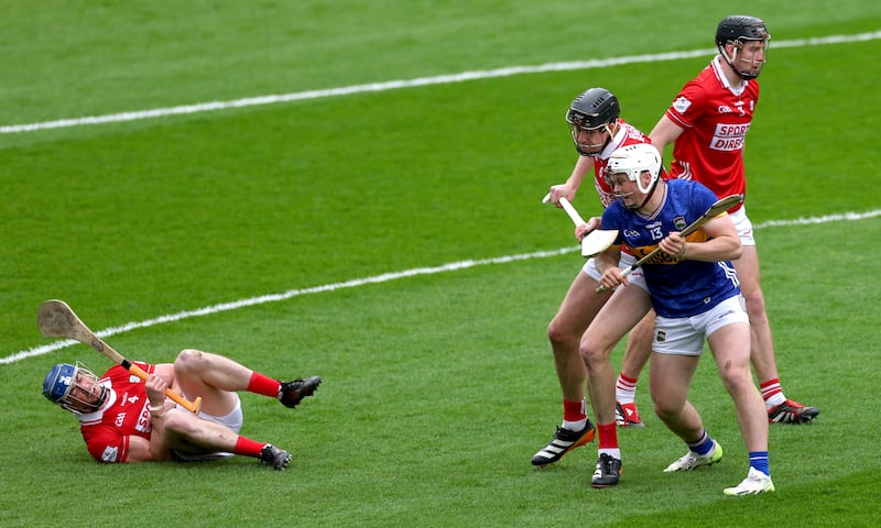 Cork’s Seán O'Donoghue goes down after an incident that led to Tipperary's Darragh McCarthy being sent off last April. Photograph: James Crombie/Inpho