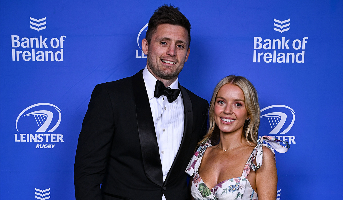 Ross Byrne and India Healy-O'Connor on arrival at the Leinster Rugby awards ball 2025 at O'Reilly Hall in UCD, Dublin. Pic: Brendan Moran/Sportsfile