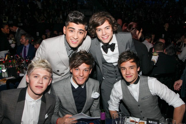 LONDON, ENGLAND - FEBRUARY 21: One Direction pose at tables during The BRIT Awards 2012 at The O2, on February 21, 2012 in London, England. L-R Niall Horan, Zayn, Louis Tomlinson, Harry Styles, Liam Payne. (Photo by JM Enternational/Redferns)