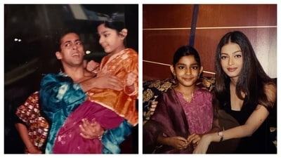 The carousel opens with a young Tia posing alongside Aishwarya Rai, who is seen dressed in a black outfit. (Instagram)