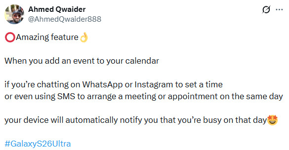 Samsung Galaxy S26 series double booking calendar Ahmed Qwaider Samsung Galaxy S26 series double booking calendar Ahmed Qwaider