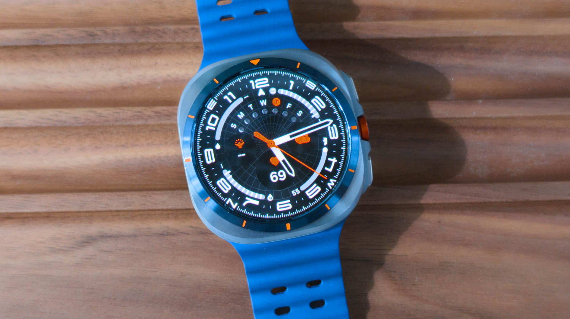 Samsung Galaxy Watch Ultra 2025 Titanium Blue closeup on case and watch face