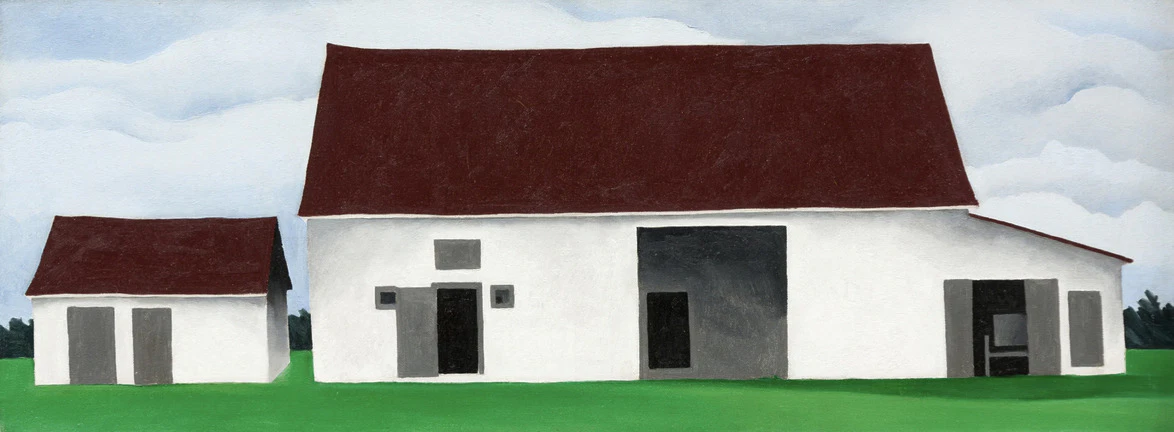 Two white barns with dark roofs on a green field under a cloudy sky, depicted in a clean, minimalist painting style.