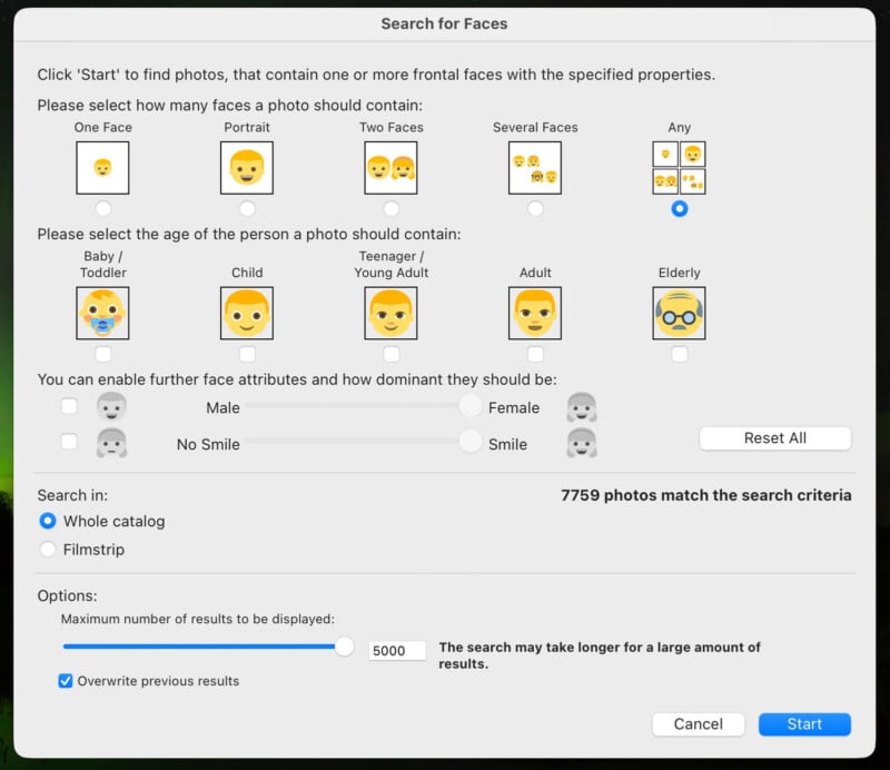 Screenshot of a "Search for Faces" window with options to filter photos by number of faces, age group, gender, and smile presence. A note states "7759 photos match the search criteria" with search and reset buttons at the bottom.