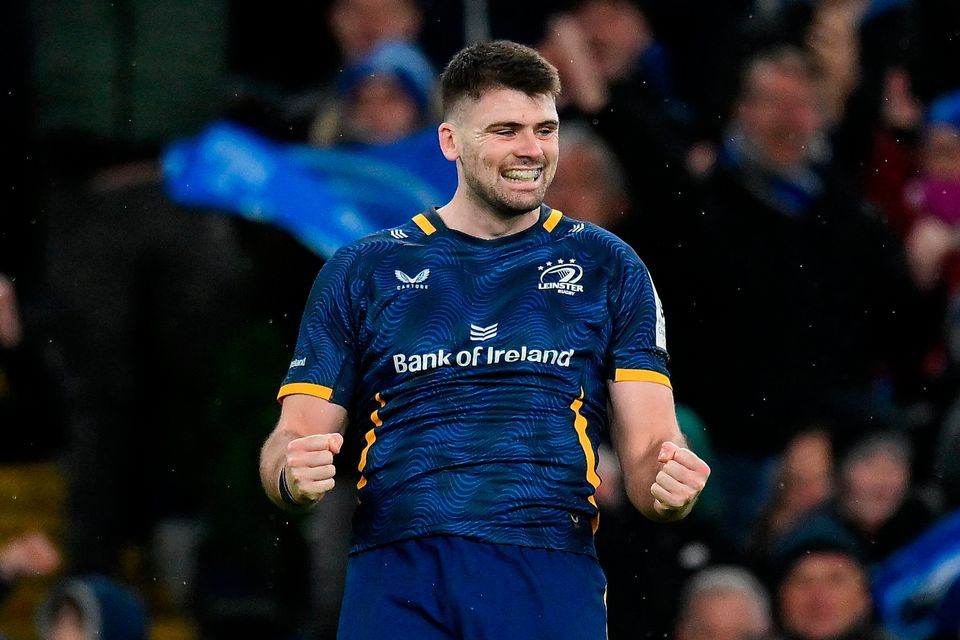 Harry Byrne of Leinster celebrates after converting an 80th minute penalty to give his side a 25-24 victory during the Champions Cup match against La Rochelle at the Aviva Stadium in Dublin. Photo: Brendan Moran/Sportsfile