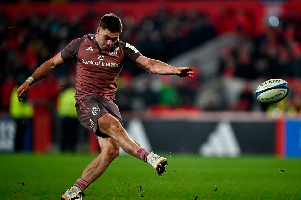 Munster's Jack Crowley kicks a conversion during the Investec Champions Cup match against Castres Olympique at Thomond Park; he missed three out of four Photo by Seb Daly/Sportsfile