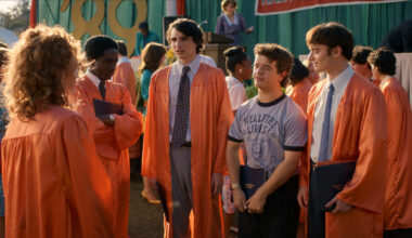 (L to R) Caleb McLaughlin as Lucas Sinclair, Finn Wolfhard as Mike Wheeler, Gaten Matarazzo as Dustin Henderson, and Noah Schnapp as Will Byers in Stranger Things: Season 5.